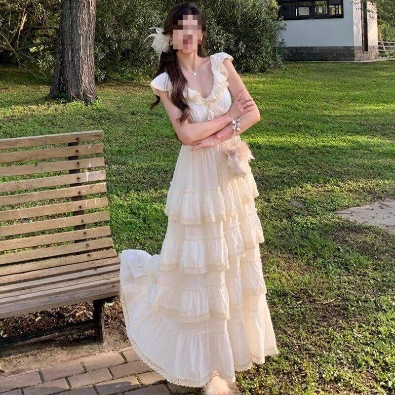 Summer women's milk sweet atmosphere ruffle V-neck puffy cake dress