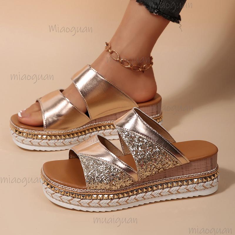 Fashion Gold Sequins Platform Sandals for Women 2025 Summer Rivet Decor Thick Sole Slippers Woman Size36 43 Fashion Wedge Slides Sandals