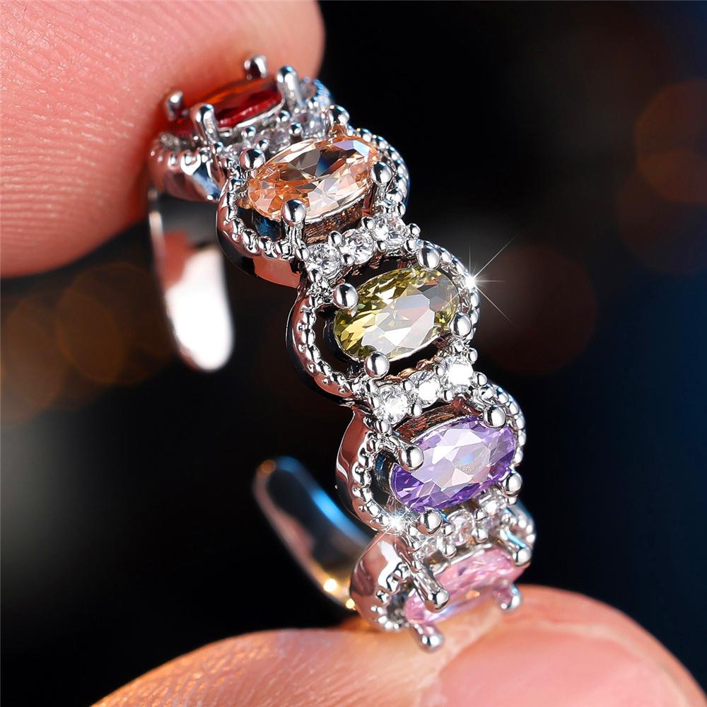 

Cute Female Rainbow White Zircon Open Gold Color Wedding Rings Promise Adjustable Engagement Jewelry For Women resizable
