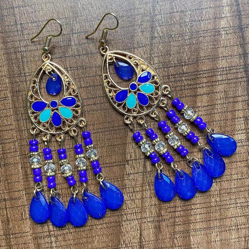 Bohemian Crystal Tassel Earrings - Ethnic Style, Slim Face, Exaggerated Design for Travel