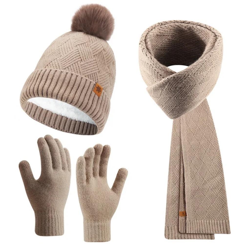3pcs Wool Hat Scarf Gloves Set Solid Color Winter Beanie Hat Neck Warmer Thermal Knit Cap  Winter