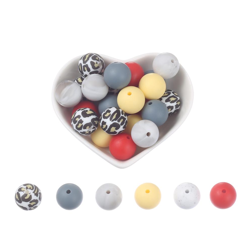 15mm 30Pcs Silicone Beads Round Print Food Grade Teething Beads for Baby Toy Soft Chew Teething DIY Pacifier Clips Necklace
