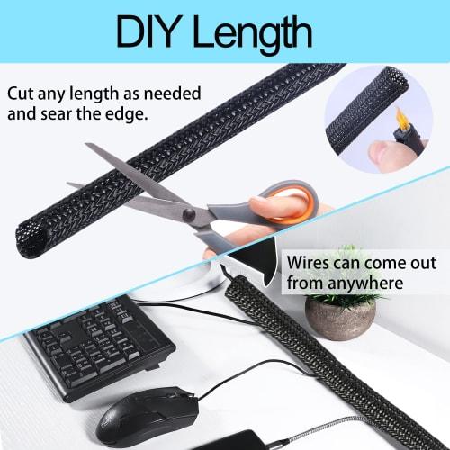 Josnown Cable Cover, Keep Your Cables Organized, Hide Untidy Wires, Braided Wire Jacket 3m Length, Expandable Diameter, Holds 3-5 Wires, Black