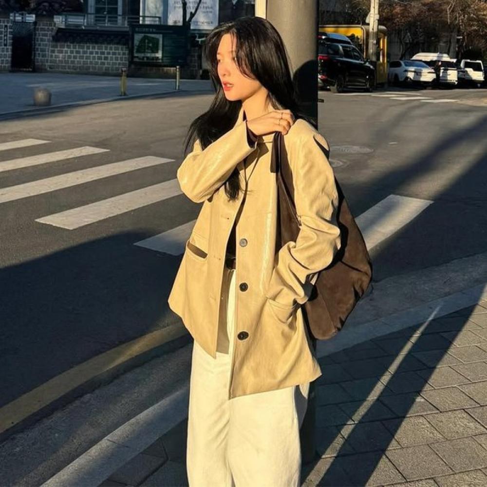 On On Open Collar Leather Jacket [jung Chae yeOn] Nel5sj211 9f