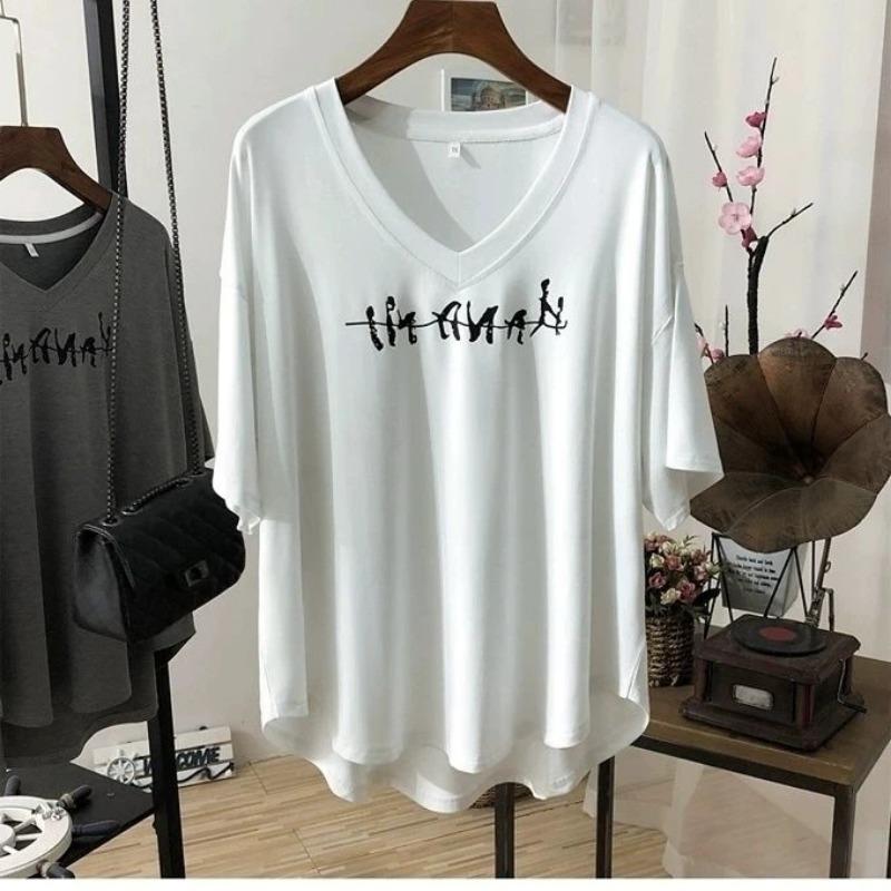 

T-shirt Women Ice Silk Summer Casual Large Size Loose V-Neck Pullover Short-sleeved Tops XL белый