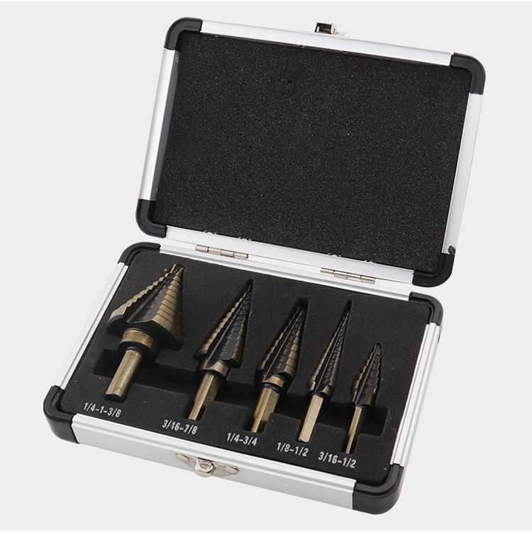5-Piece Imperial Stepped Drill Bit Set with Aluminum Case for Steel Plate Drilling and Deburring