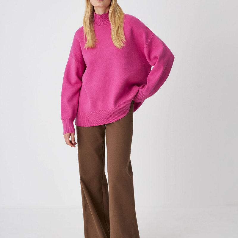 Women Autumn Winter Long Sleeve Half High Collar Solid Color Sweater Set Loose Fit Casual Two Piece Suits