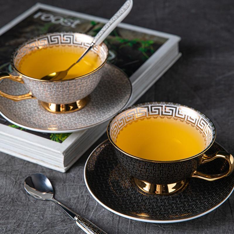 Bone Coffee Mug Set Ceramic Classic Grid Mug Coffeware Sets with Gifts Box Packing Wedding Gifts Chinese Tea Cup Drinkware