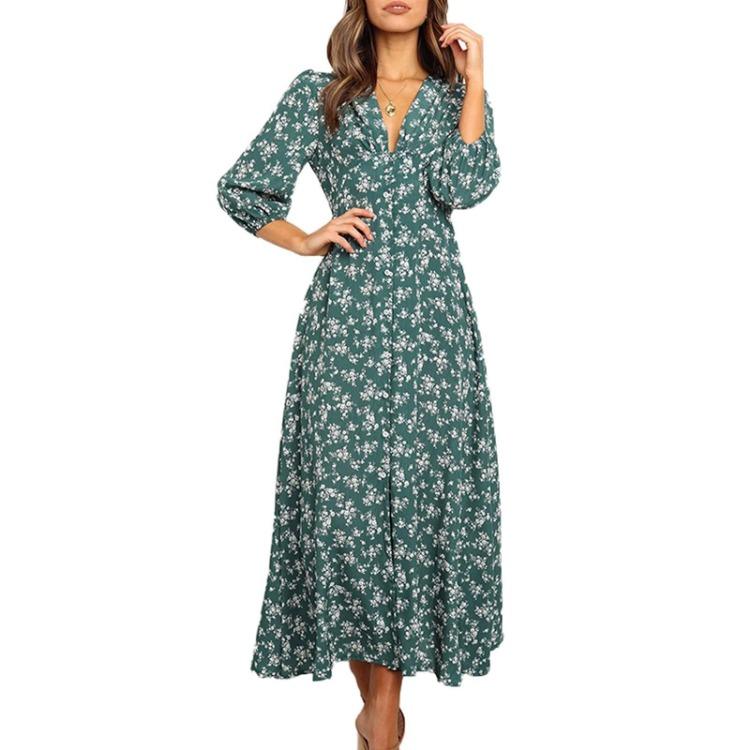 Boho Floral Maxi Dress Elegant Style Long Sleeve High Waist Loose Casual Beach Dress for Women Bohemian Printed