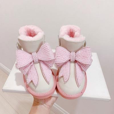 Girls' Bow Crystal Snow Boots, Winter Children's Anti-slip Pink Princess Ankle Boots