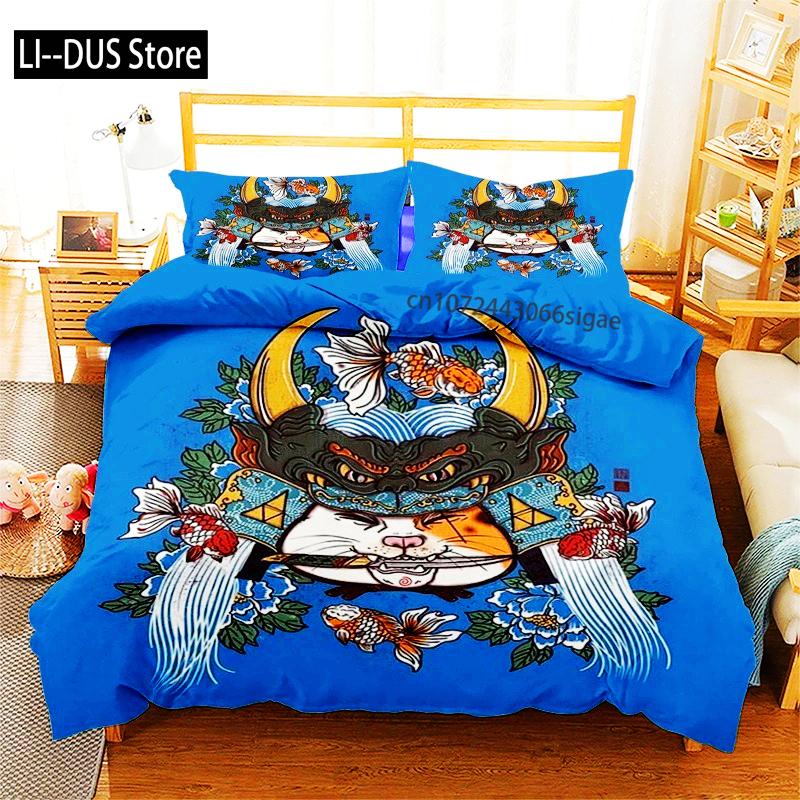 Phechion Samuray Kedi Dövmesi 3D Baskı Yatak Takımı Yorgan Kılıfları Yastık Kılıfları Tek Parça Yorgan Yatak Takımları Yatak Örtüsü Yatak K580