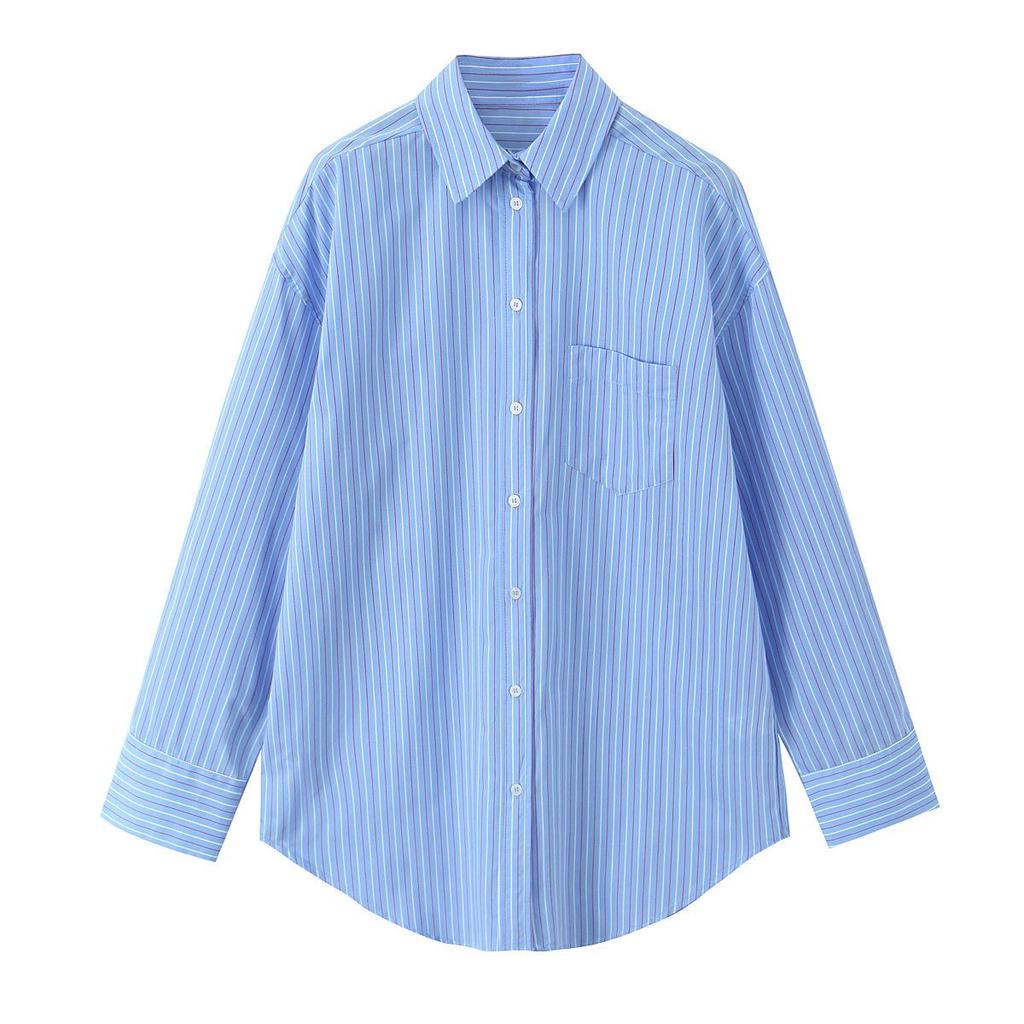 2025 Spring Women's Striped Long-Sleeve Shirt and Pants Set with Lapel Collar