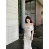 Off-the-shoulder Dress Women's Spring and Summer Waist and Thin Temperament Pleated Skirt French One-word Shoulder Sexy Small Dress Long Dress