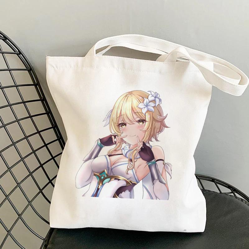 Shopper Genshin Impact Qiqi Anime Shopping Bag Harajuku Canvas Bag Large Capacity Collapsible Kawaii Women Shoulder Bag Handbag