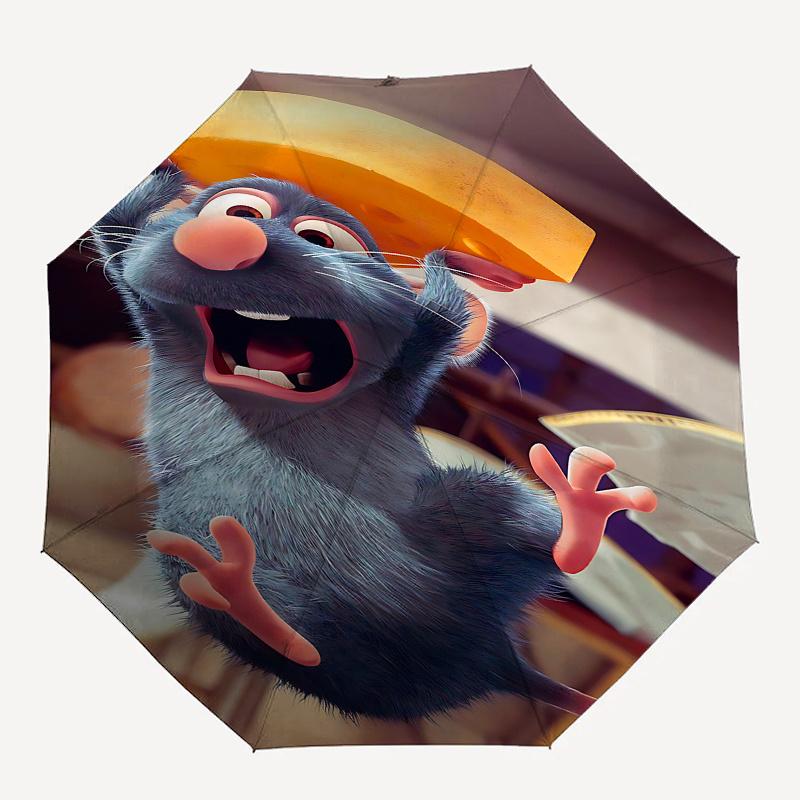 Disney Ratatouille, Automatischer Öffnungs-/Schließschirm mit Käse - Niedlicher Schirm mit süßem Design, Tragbarer 3-fach kompakter Schirm für Männer & Frauen,