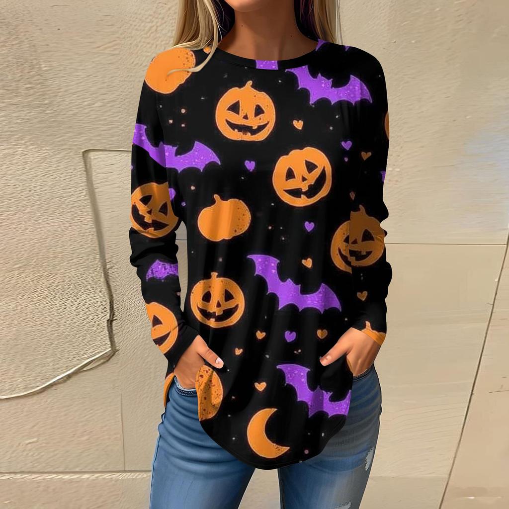 Moda para Mujer Suelto Cuello Redondo Halloween Estampado Manga Larga Camiseta Top Jersey