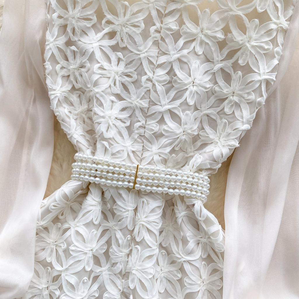 Autumn New Slimming Knee-length Elegant Mesh Dress for Women Luxury Beaded Flower Embroidery Peral Belt Slim Party Dress