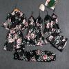 Sexy accappatoio kimono abito cinque pezzi set solido pizzo bordo pigiama femminile raso largo loungewear canotta e pantaloncini lingerie pigiameria