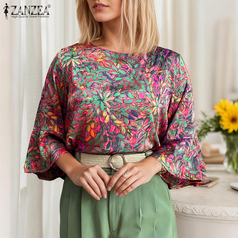 ZANZEA Women Loose Round Neck 3/4 Sleeve Casual Print Blouse