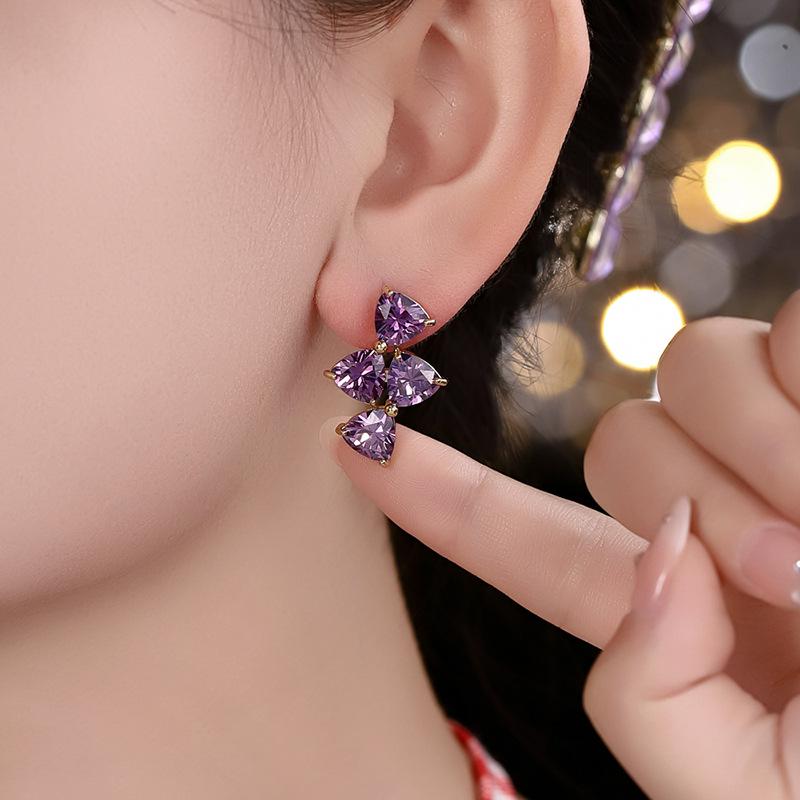 Stylish Double Bow Triangle Zircon Copper Earrings with Crystal Silver Studs