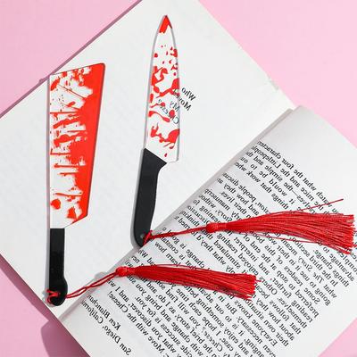Horror Clear Acrylic Bookmark with Tassel Halloween Themed Series Chopper Saw with Blood Halloween for Bookworms
