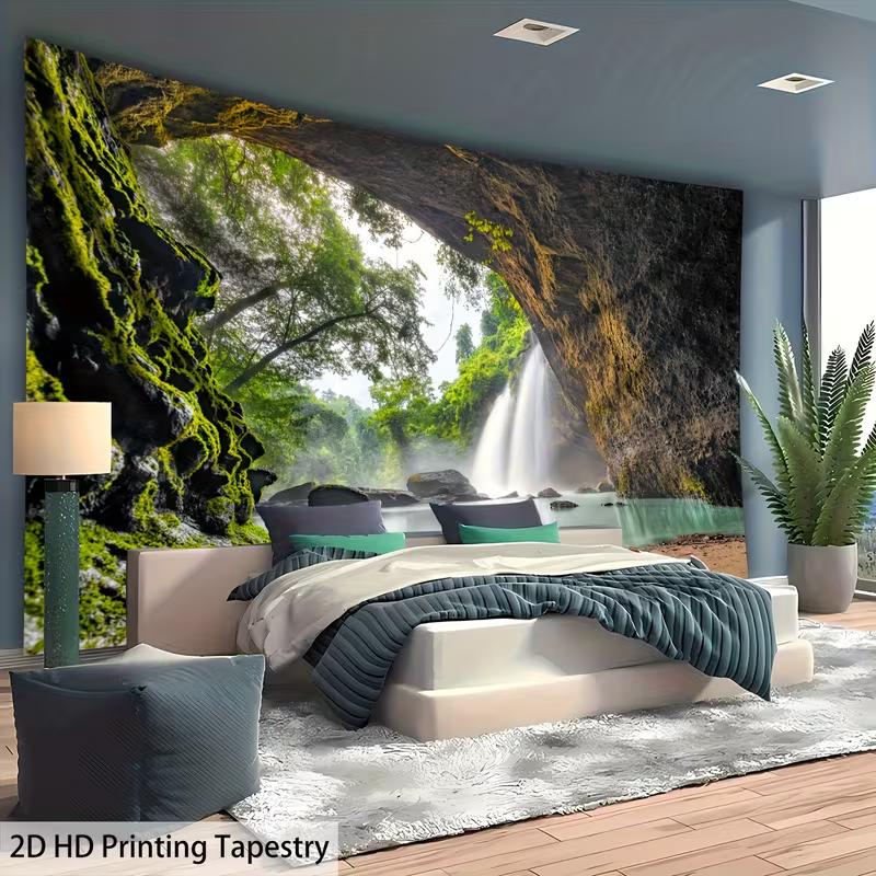2D Jungle Cave Waterfall Wall Tapestry Tropical Scenery Background Cloth