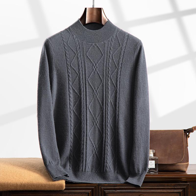 Men's Cashmere Half-High Neck Long Sleeve Knit Sweater - Warm, Business Casual, Plus Size Available
