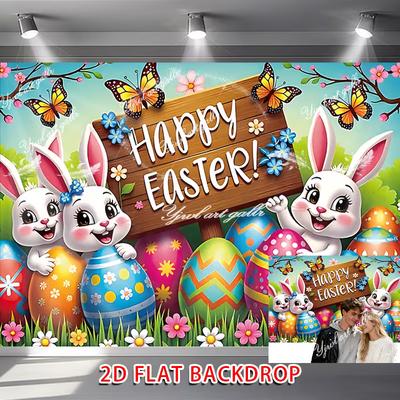 2D Easter Bunny Backdrop, Happy Easter with Floral & Butterflies Photo Background, Spring Banner