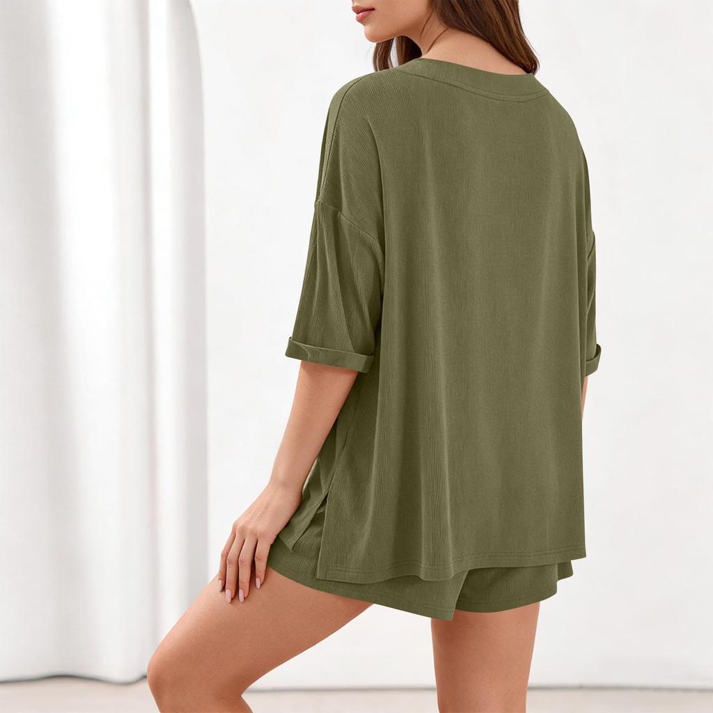 Women’s Relaxed Fit V Neck Short Sleeve Top and Shorts Set Lightweight Soft Fabric Loungewear Sleepwear Pajama