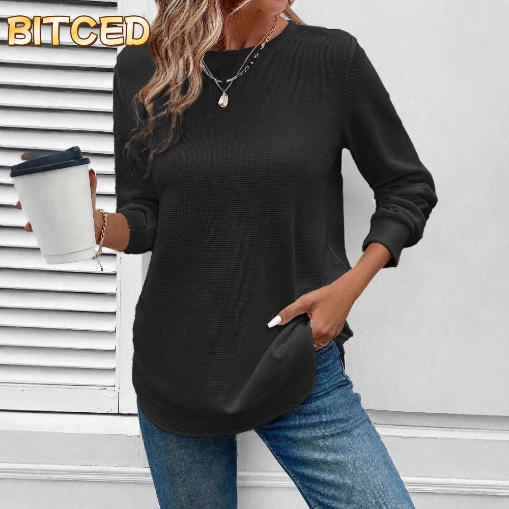 BITCED Women's Fashion Casual Solid Color Print Long Sleeve O-Neck Blouses & Shirts