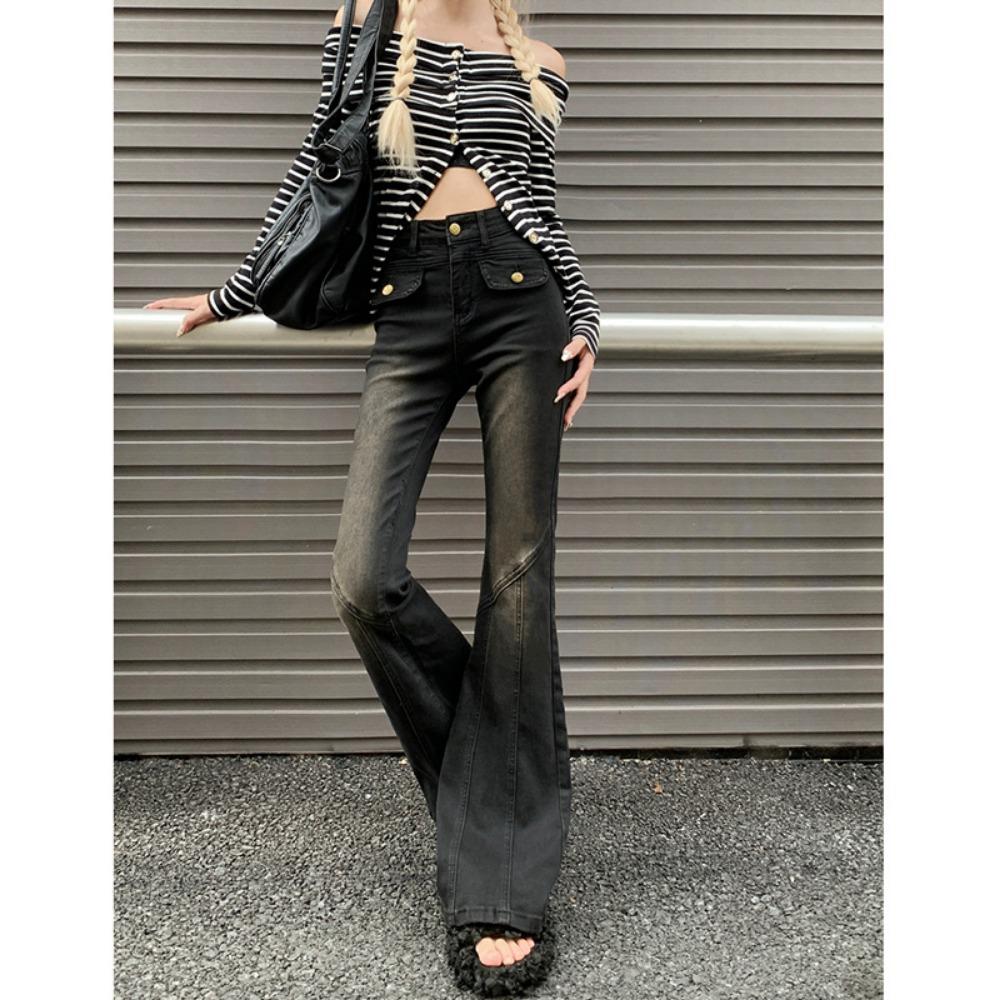 American personalized micro-pull jeans women's spring and autumn new slim-fitting, thin and high-waisted horseshoe jeans