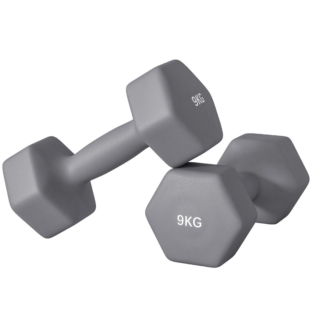 Set of 2 Hexagonal Dumbbells 9 kg in Metal and Plastic with Non-Slip Grip, 25x11x11cm, Grey