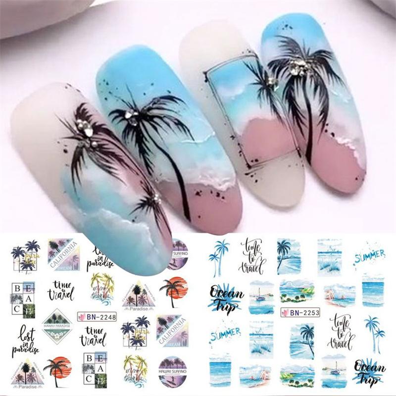 Summer 3D Nail Art Decal Coconut Tree Sunset Pattern Fashion Nail Art Decor Stickers