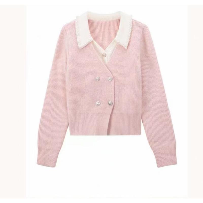 Gray fake two-piece sweater women's autumn and winter new small beaded lapel long-sleeved knitted sweater top