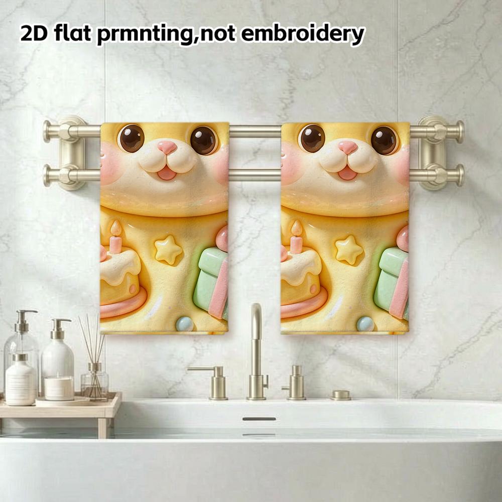Cute Birthday Kitten Print Bath Towel, Soft Absorbent Quick Dry Hand Towel, Cartoon Cat Shower Towel