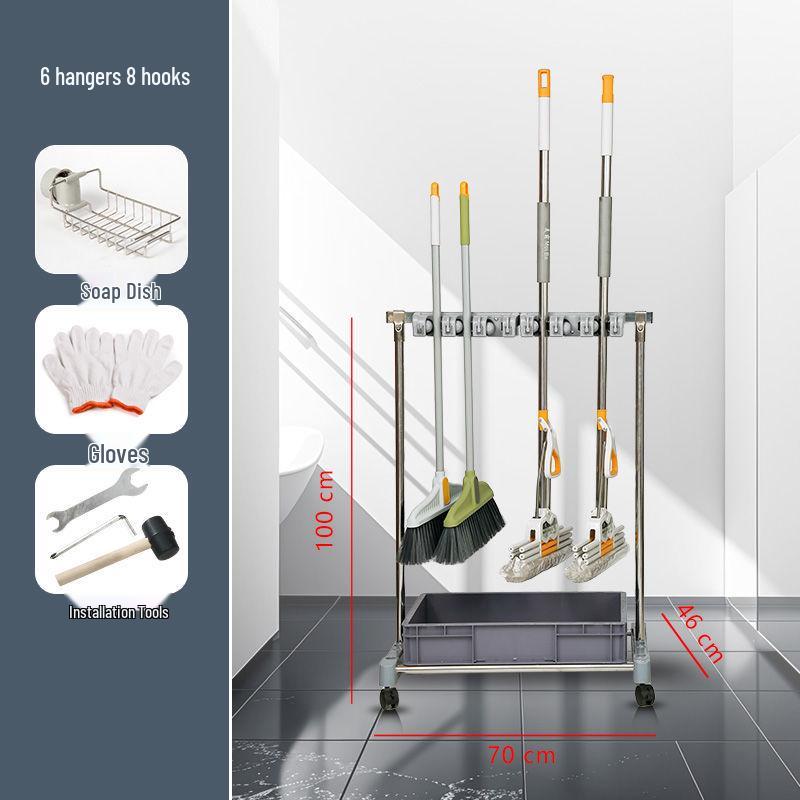 Movable Stainless Steel Mop Storage Rack with Hooks for Floor-Standing Draining in Schools and Factories