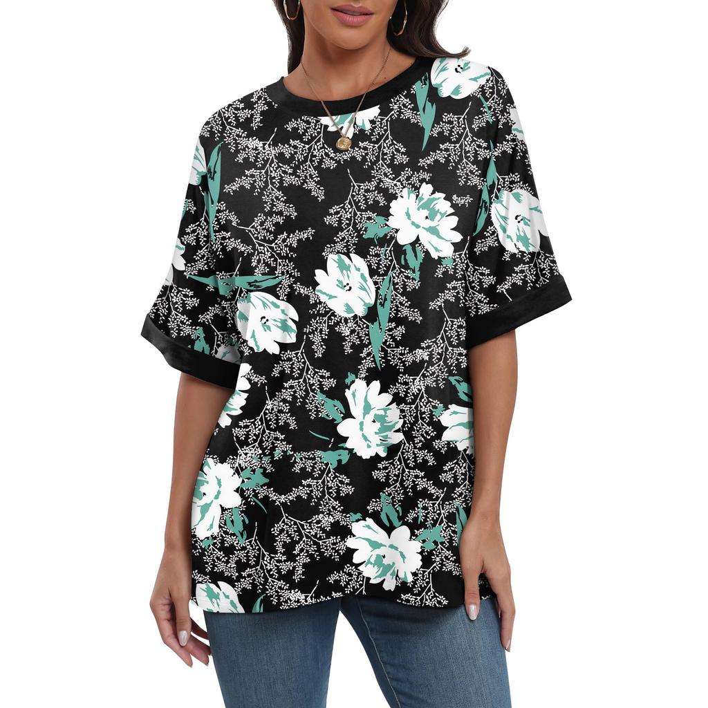 Women's Loose Oversize Print Round Neck Shoulder Length Short Sleeved T-shirt Top