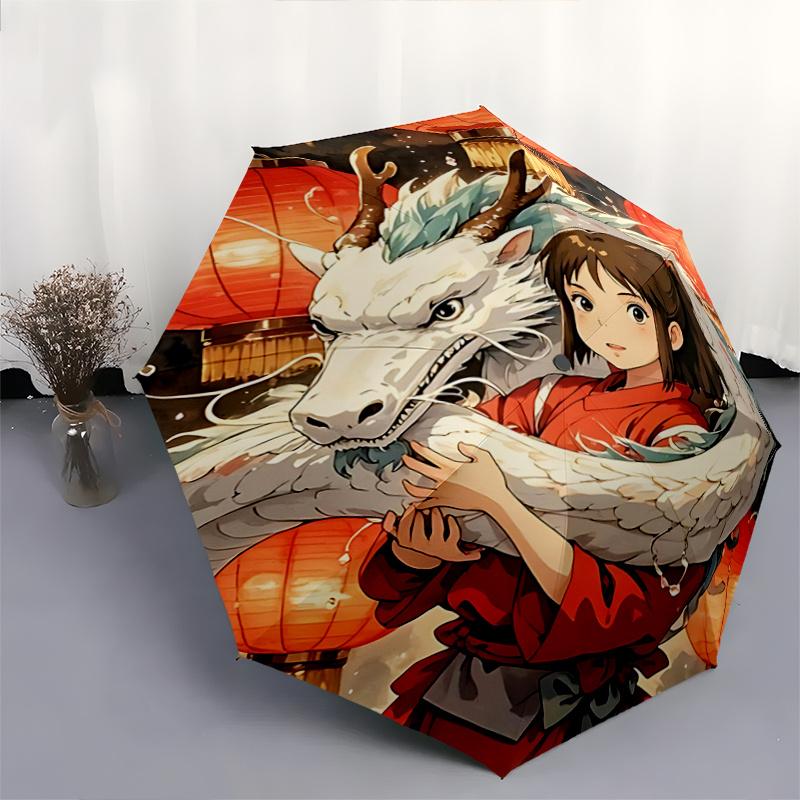 1pc Dragon Wrapped Around Girl with Red Lanterns Automatic Opening/Closing Umbrella, Portable Tri-Fold Design, 8-Bone Iron Frame, Outdoor Umbrell