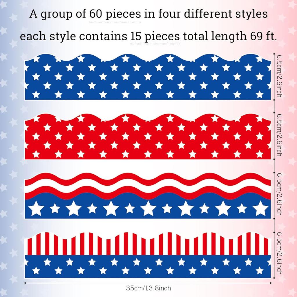 Waline 69Ft 4th of July Bulletin Board Trim Border Stickers 4 Design Self-Adhesive n Flag Border Decals for Independence Day Classroom Decoration