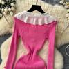 Knitted Dress Women's Autumn and Winter French Retro Color Collision Doll Collar Single-breasted Waist Slim Fishtail Long Dress
