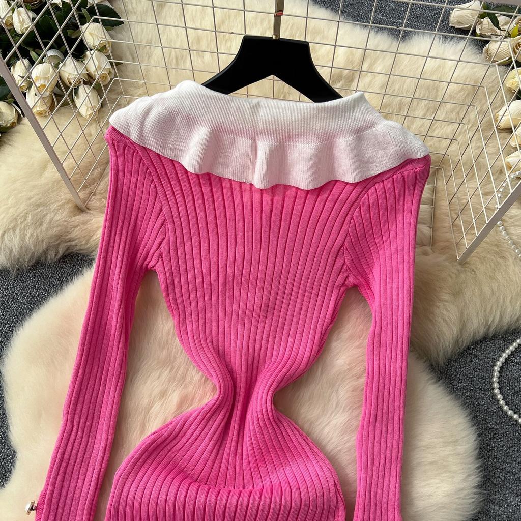 Knitted Dress Women's Autumn and Winter French Retro Color Collision Doll Collar Single-breasted Waist Slim Fishtail Long Dress
