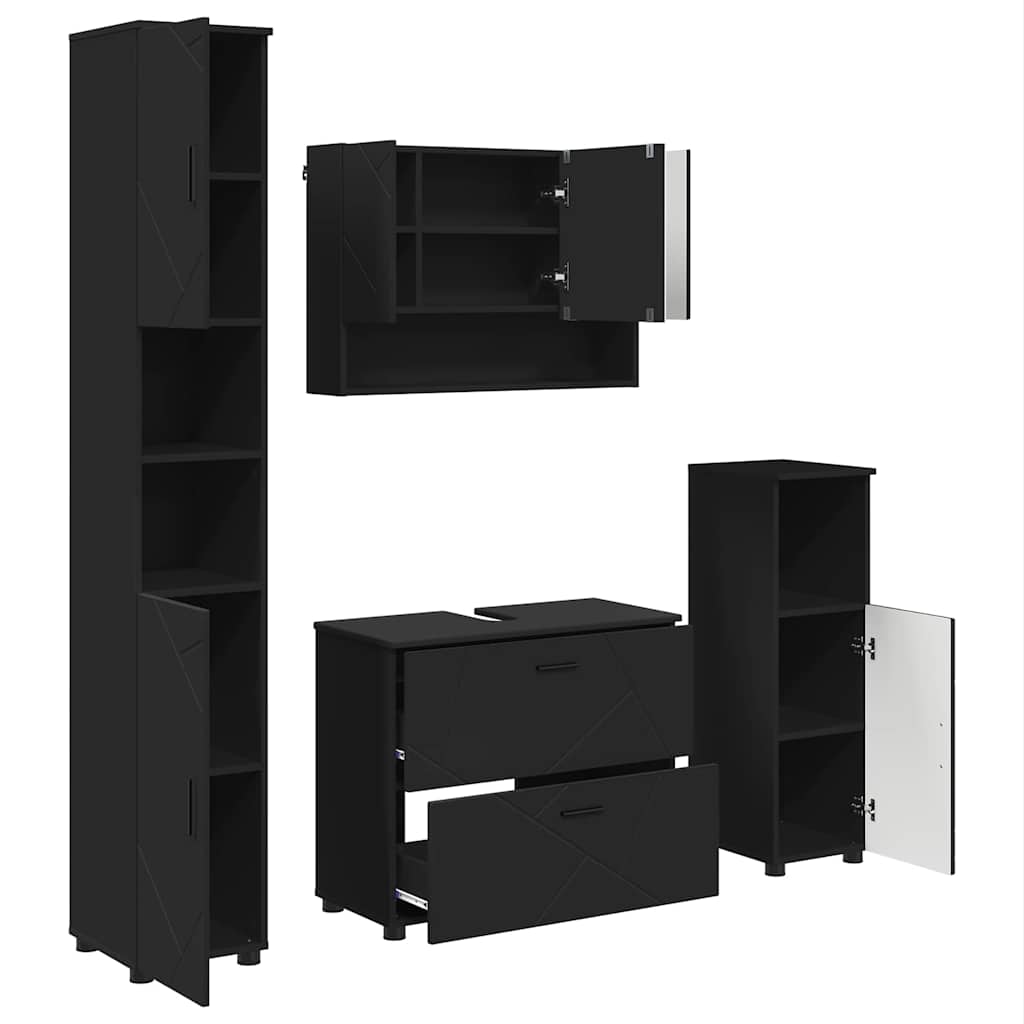 Bathroom Furniture Set with Door 4 Pcs Black Plywood and Metal