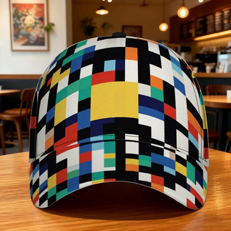 

Classic Baseball Cap Featuring a Geometric Colorful Squares Print a Trendy Duckbill Hat with an Adjustable Fit Lightweight
