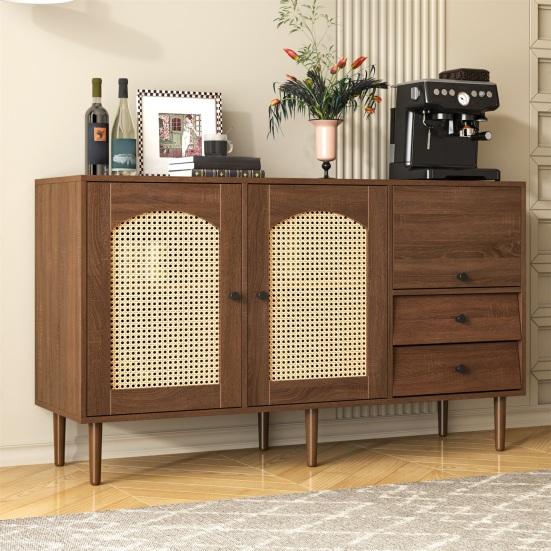 Country Style Sideboard with Rattan Doors, 130 x 75.5 x 40cm Magnetic Lock, Adjustable Shelves, Sturdy Structure, Versatile