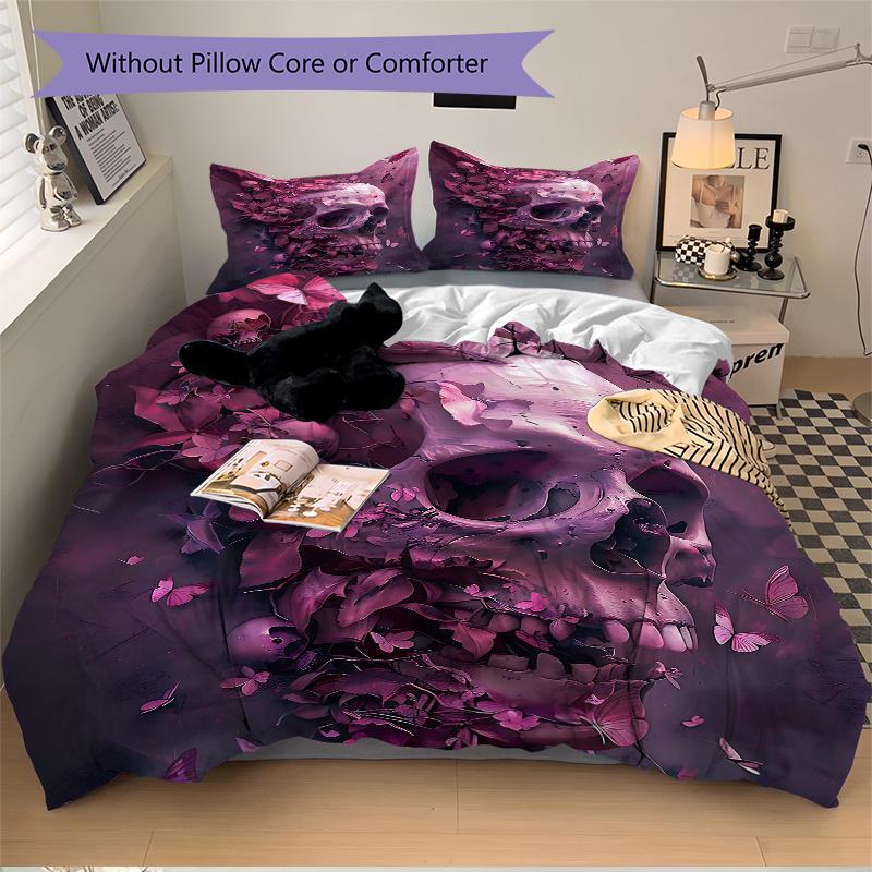 3pcs Dreamlike Fusion of Skulls Butterflies and Petals Printed Duvet Cover Set (1 * Cover+2 * Pillowcase, Without Core), Suitable for Home Bedroo