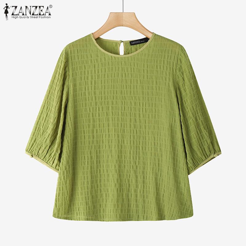 ZANZEA Women's Casual Textured O-neck 3/4 Sleeve Loose Blouse