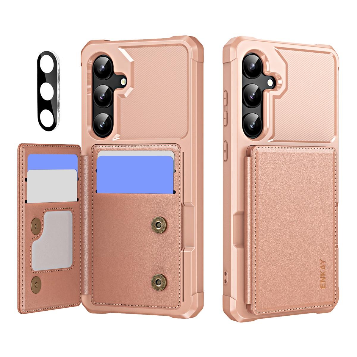 

For Samsung Galaxy S24 ENKAY Hat-Prince Wallet Card Slot Kickstand PU Leather +TPU Back Phone Cover with Camera Lens Film Rose Gold