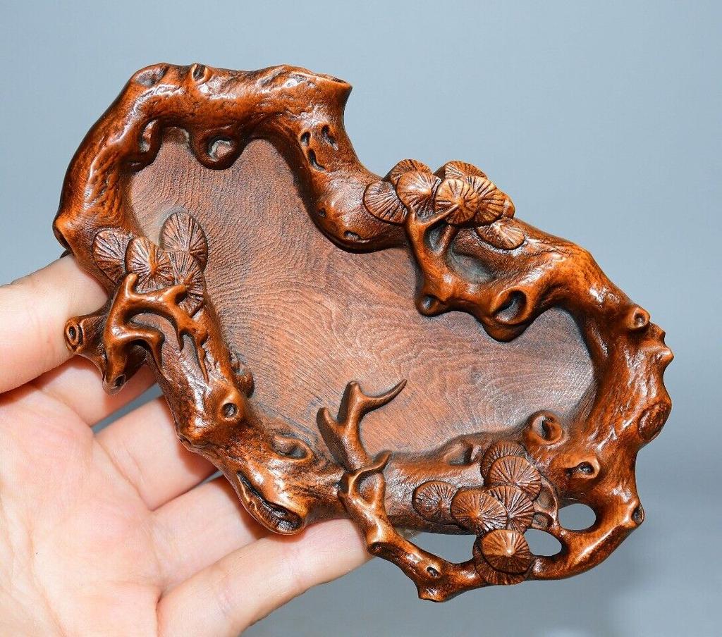 Chinese Natural Boxwood Carved Pine Statue Exquisite Brush Washers Collection