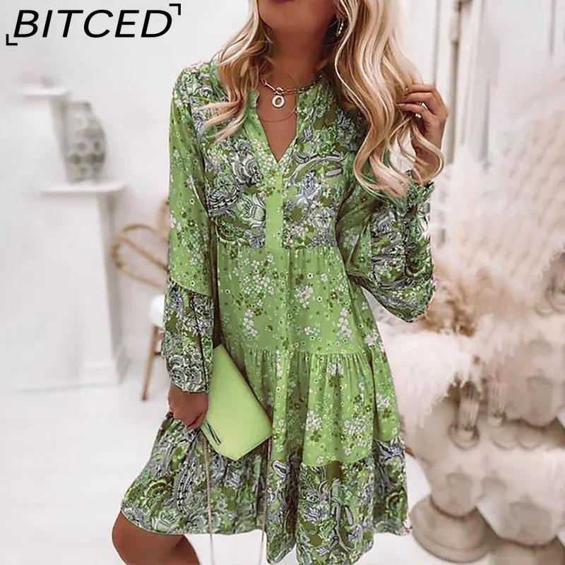 BITCED Women Fashion Bohemian Floral Print V Neck Mini Dresses Casual Loose Elegant Ladies Beach Party Flare Sleeve Dress