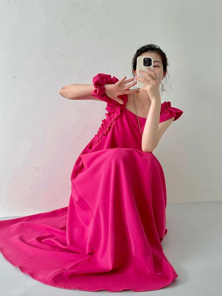 Xiaofei Ärmelloses Rose Rot Quadratischer Ausschnitt Kleid Damen Sommer Neu Sexy Rückenfrei Schlank Skinny Rock